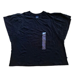 Gap Black Eyelet Sleeve Top Tee T-shirt Crew Neck Short Sleeves Cropped XXL NWT